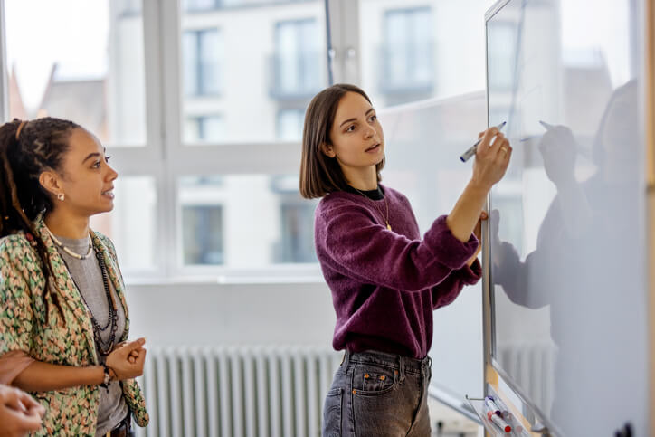Female business partners having brainstorming session in startup meeting room.