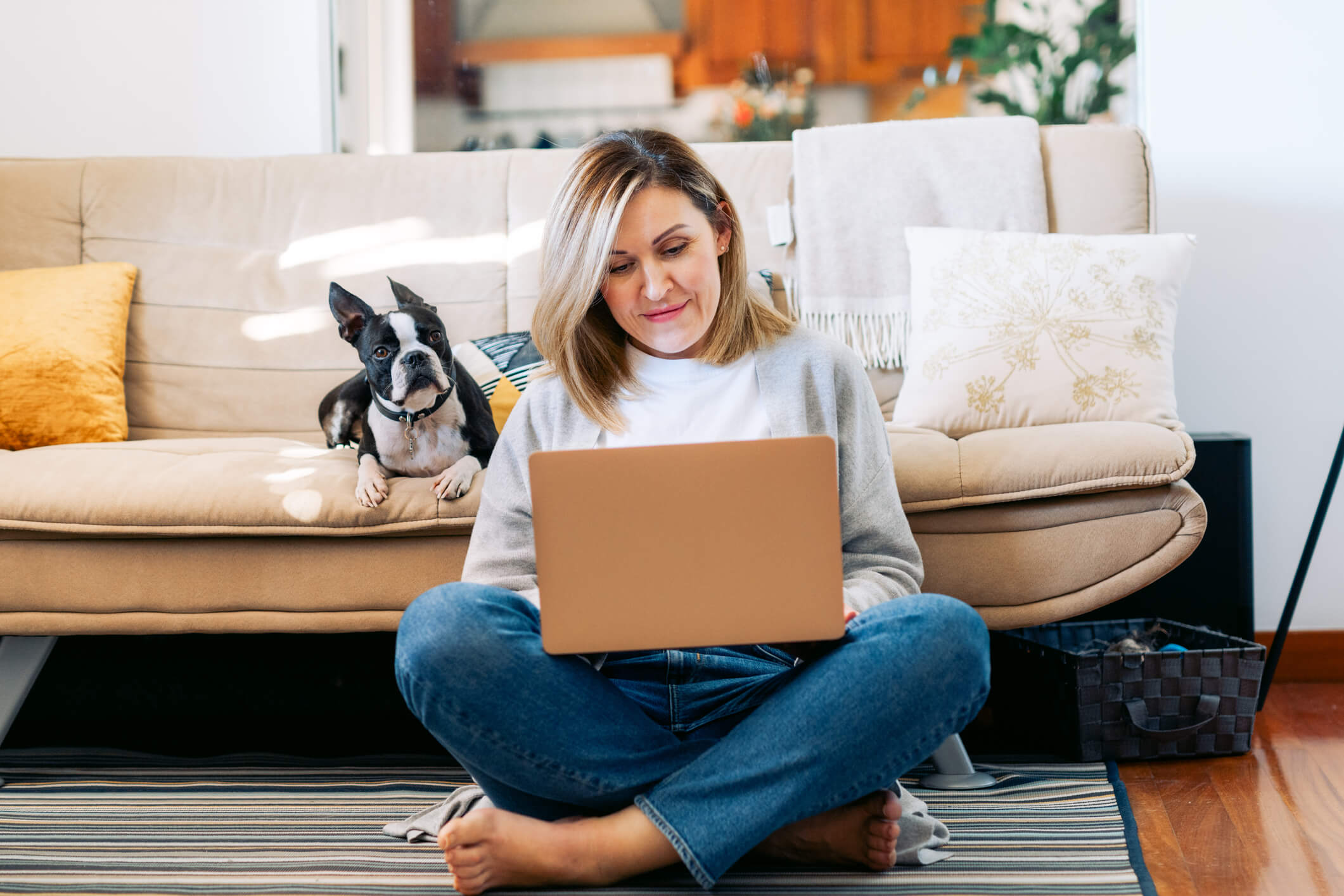 Woman working from home with a boston terrier dog.